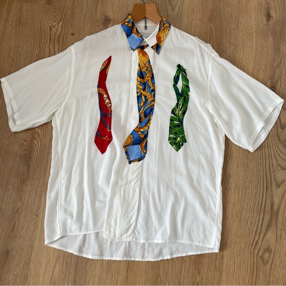 Vintage Hom La Mode Des Gagneurs Tie Print Shirt Size M 46” White Multi Quirky - Picture 3 of 10
